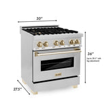 ZLINE 30 in. Autograph Edition Kitchen Package with Stainless Steel Dual Fuel Range, Range Hood, Dishwasher and French Door Refrigerator with Polished Gold Accents (4KAPR-RARHDWM30-G)