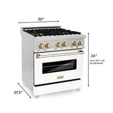 ZLINE 30 in. Autograph Edition Kitchen Package with Stainless Steel Dual Fuel Range with White Matte Door and Range Hood with Polished Gold Accents (2AKP-RAWMRH30-G)