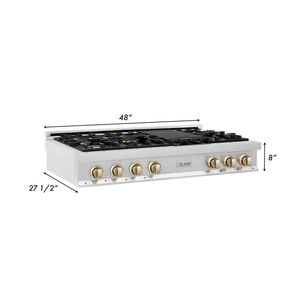 ZLINE Autograph Edition 48 in. Porcelain Rangetop with 7 Gas Burners in Stainless Steel with Polished Gold Accents (RTZ-48-G)