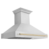 ZLINE Autograph Edition 48" Wall Mount Range Hood with Gold accent handle side.