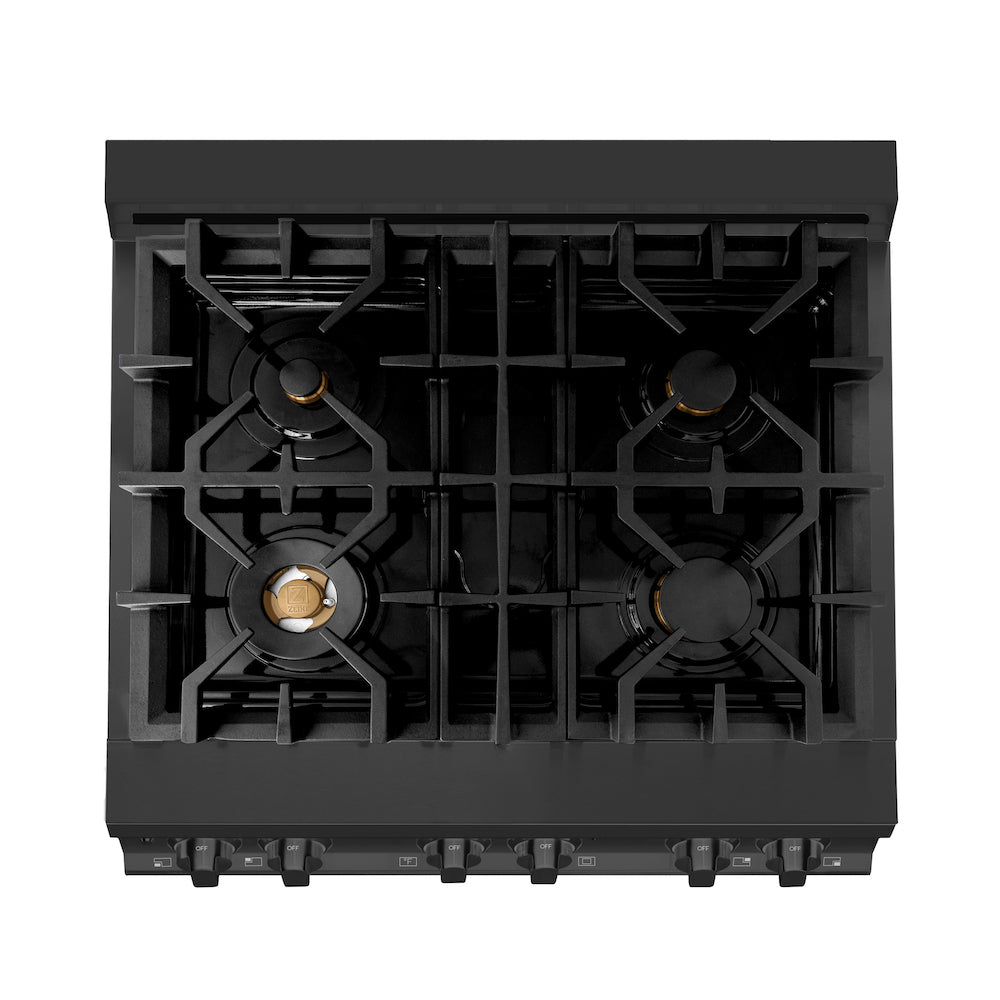 ZLINE 30 in. 4.0 cu. ft. Dual Fuel Range with Gas Stove and Electric Oven in Black Stainless Steel with Brass Burners (RAB-BR-30)