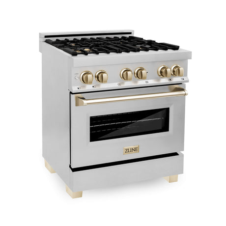 ZLINE 30 in. Autograph Edition Kitchen Package with Stainless Steel Dual Fuel Range, Range Hood, Dishwasher and French Door Refrigerator with Polished Gold Accents (4KAPR-RARHDWM30-G)