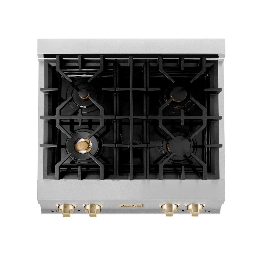 ZLINE Autograph Edition 30 in. Porcelain Rangetop with 4 Gas Burners in DuraSnow Stainless Steel with Polished Gold Accents (RTSZ-30-G)