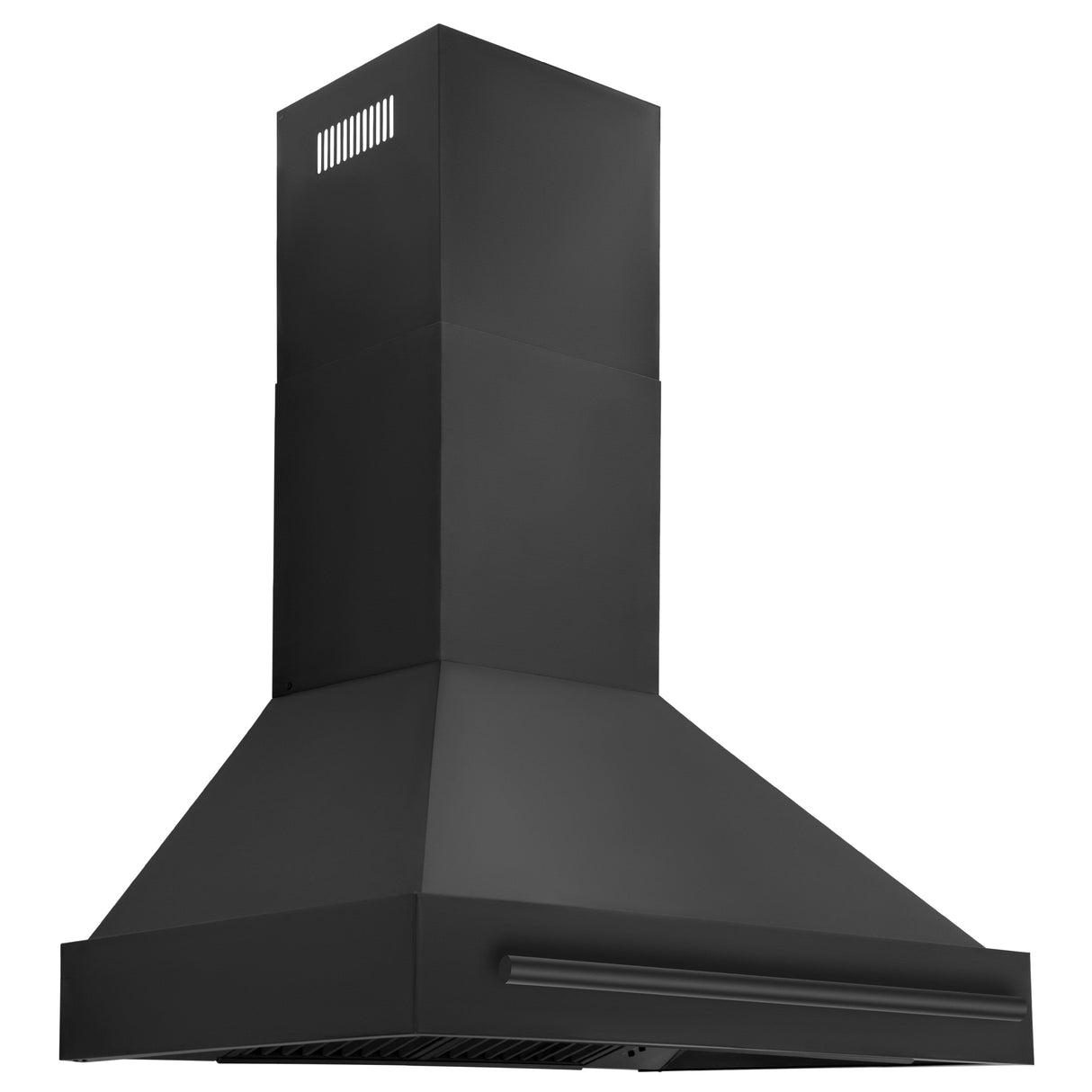 ZLINE Black Stainless Steel Range Hood with Black Stainless Steel Handle side tilted.