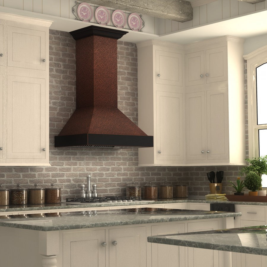 ZLINE Designer Series Wall Mount Range Hood in Embossed Copper with Oil-Rubbed Bronze Bands (655-EBXXX)