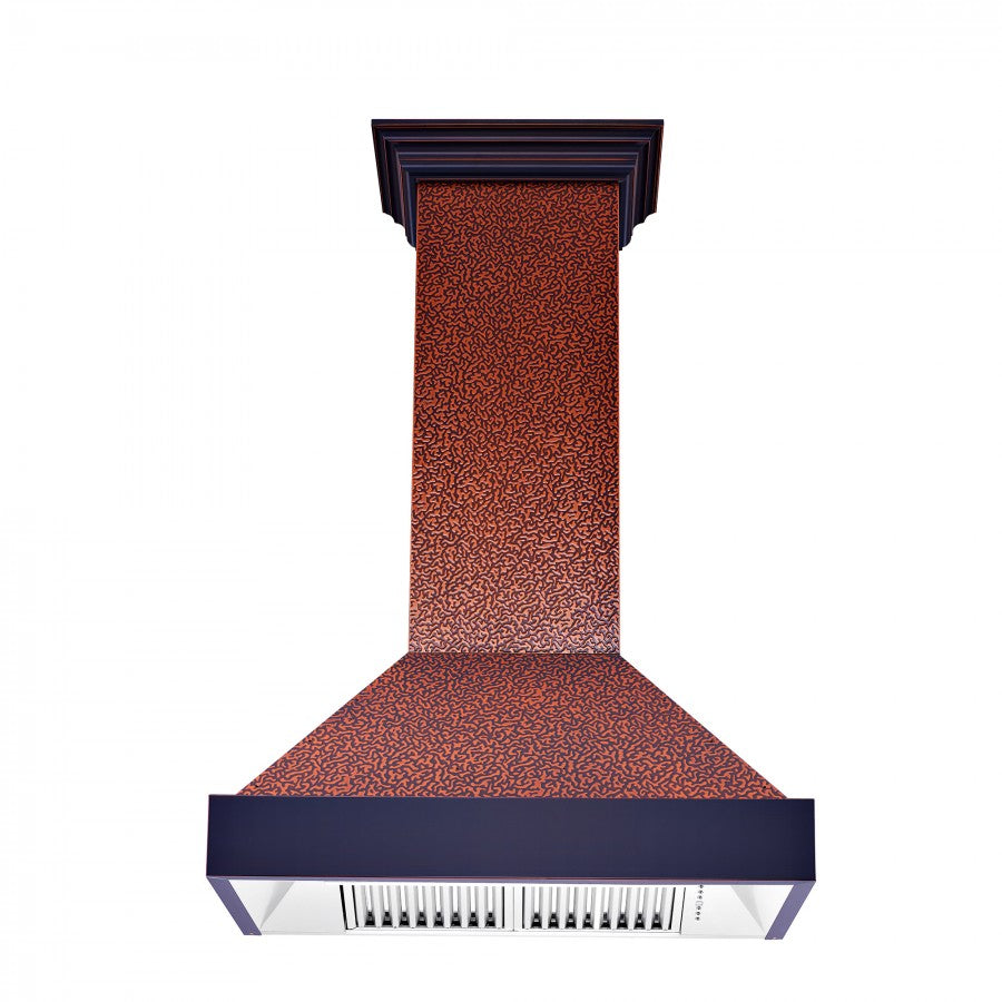 ZLINE Designer Series Wall Mount Range Hood in Embossed Copper with Oil-Rubbed Bronze Bands (655-EBXXX)