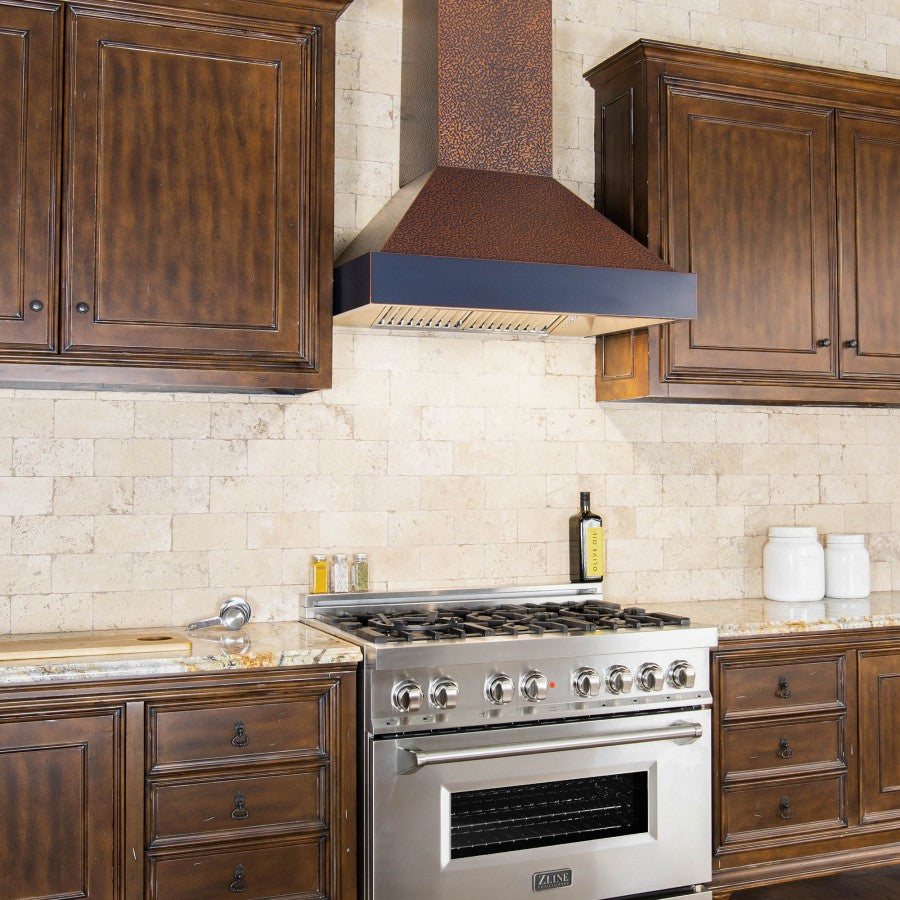 ZLINE Designer Series Wall Mount Range Hood in Embossed Copper with Oil-Rubbed Bronze Bands (655-EBXXX)