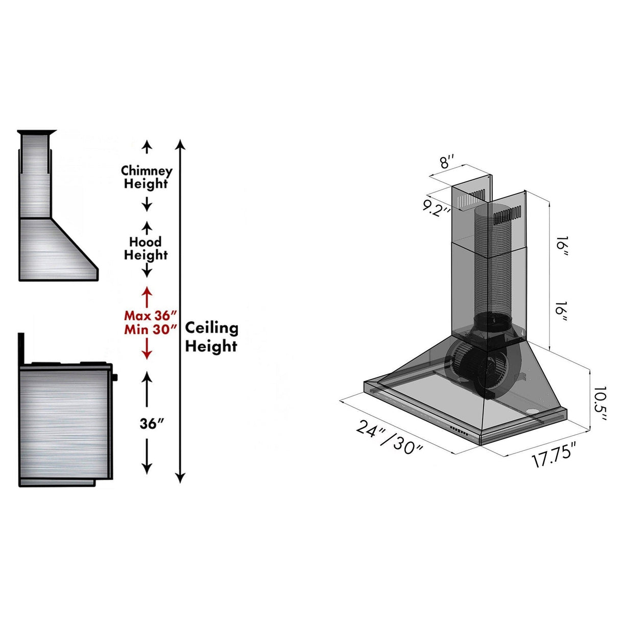 ZLINE Recirculating Wall Mount Range Hood with Charcoal Filters in Black Stainless Steel (BSKBN-CF-30)